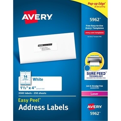 Avery&amp;reg; Easy Peel Mailing Laser Labels - 1 21/64&quot; Width x 4&quot; Length - Permanent Adhesive - Rectangle - Laser - White - Paper - 14 / Sheet - 250 Total Sheets - 3500 Total Label(s) - 3500 / Box