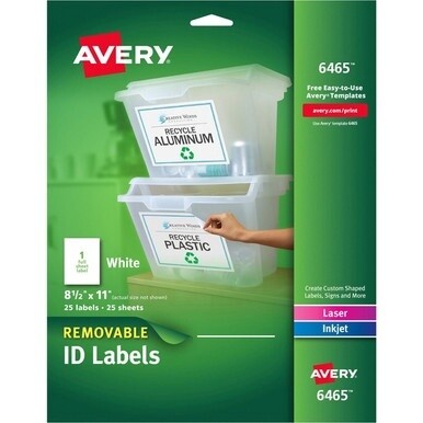Avery&amp;reg; ID Label - 8 1/2" Width x 11" Length - Removable Adhesive - Rectangle - Laser, Inkjet - White - Paper - 1 / Sheet - 25 Total Sheets - 25 Total Label(s) - 5