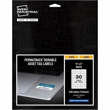 Avery&amp;reg; PermaTrack Durable White Asset Tag Labels, 3/4" x 2" , 240 Asset Tags - 3/4" Width x 2" Length - Permanent Adhesive - Rectangle - Laser - White - Film - 30 / Sheet - 8 Total Sheets - 240 To