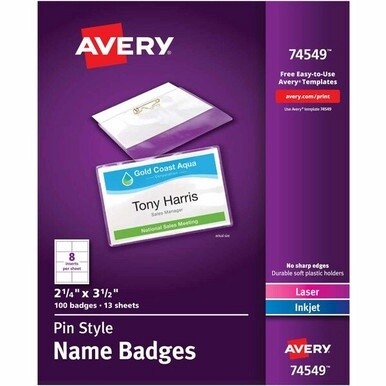 Avery&amp;reg; Pin-Style Name Badges - 3 1/2&quot; x 2 1/4&quot; - 100 / Box - White, Clear