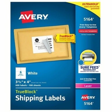 Avery&amp;reg; TrueBlock&amp;reg; Shipping Labels, Sure Feed&amp;reg; Technology, Permanent Adhesive, 3-1/3&quot; x 4&quot; , 600 Labels (5164) - Avery&amp;reg; Shipping Labels, Sure Feed, 3-1/3&quot; x 4&quot; , 600 White Labels (5164)