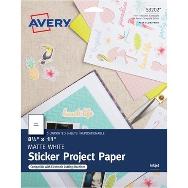 Avery&amp;reg; Matte White Sticker Project Paper - Letter - 8 1/2&quot; x 11&quot; - 30 / Carton - Printable, Removable Adhesive, Die-cut, Repositionable, Lignin-free - Matte White