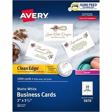 Avery&amp;reg; Clean Edge&amp;reg; Printable Business Cards with Sure Feed Technology, 2" x 3.5" , White, 1,000 Blank Cards for Laser Printers (5874) - Avery&amp;reg; Clean Edge&amp;reg; Business Cards, 2" x 3.5" , W