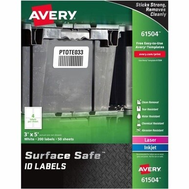 Avery&amp;reg; Surface Safe ID Label - 3" Width x 5" Length - Removable Adhesive - Rectangle - Laser, Inkjet - White - Film - 4 / Sheet - 50 Total Sheets - 200 Total Label(s) - 5 - Water Resistant