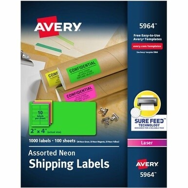 Avery&amp;reg; 2&quot;x 4&quot; Neon Shipping Labels with Sure Feed&amp;reg; for Laser Printers, Assorted: Green, Pink, Yellow Labels, 1,000 Neon Labels (5964) - Avery&amp;reg; 2&quot;x 4&quot; Neon Shipping Labels with Sure Feed, 1