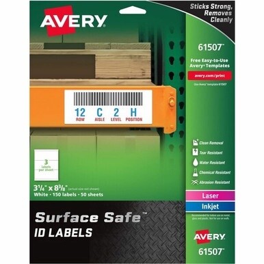 Avery&amp;reg; Surface Safe ID Label - 3 1/4" Width x 8 3/8" Length - Removable Adhesive - Rectangle - Laser, Inkjet - White - Film - 3 / Sheet - 50 Total Sheets - 150 Total Label(s) - 5 - Water Resistant