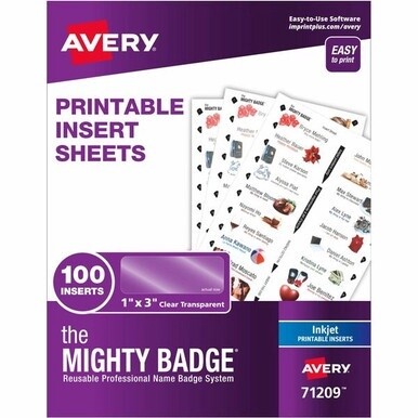 The Mighty Badge&amp;reg; The Mighty Badge Printable Insert Sheets, 100 Clear Inserts, Inkjet - 1&quot; x 3&quot; - 100 / Pack - Printable, Non-adhesive, Reusable - Clear