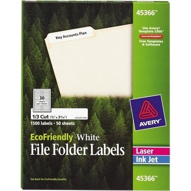 Avery&amp;reg; File Folder Label - 21/32&quot; Width x 3 7/16&quot; Length - Permanent Adhesive - Rectangle - Laser, Inkjet - White - Paper - 30 / Sheet - 50 Total Sheets - 1500 Total Label(s) - 1500 / Box