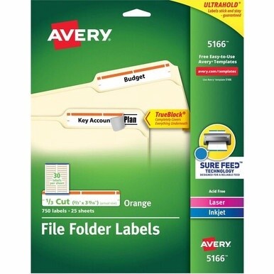 Avery&amp;reg; TrueBlock File Folder Labels - Permanent Adhesive - Rectangle - Laser, Inkjet - Orange - Paper - 30 / Sheet - 25 Total Sheets - 750 Total Label(s) - 750 / Pack