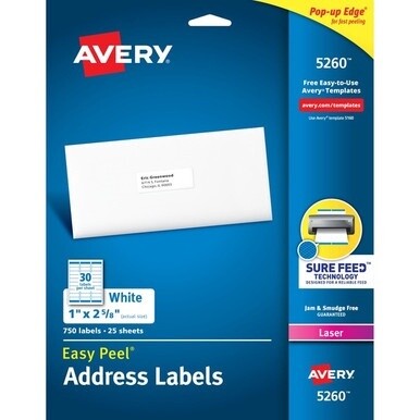 Avery&amp;reg; Easy Peel Address Labels - 1&quot; Width x 2 5/8&quot; Length - Permanent Adhesive - Rectangle - Laser - White - Paper - 30 / Sheet - 25 Total Sheets - 750 Total Label(s) - 750 / Pack