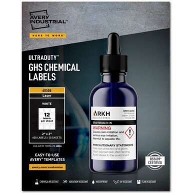 Avery&amp;reg; UltraDuty Warning Label - 2" Width x 2" Length - Permanent Adhesive - Rectangle - Laser - White - Film - 12 / Sheet - 50 Total Sheets - 600 Total Label(s) - 600 / Box - Water Resistant