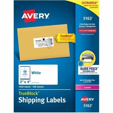 Avery&amp;reg; TrueBlock&amp;reg; Shipping Labels, Sure Feed&amp;reg; Technology, Permanent Adhesive, 2&quot; x 4&quot; , 1,000 Labels (5163) - Avery&amp;reg; Shipping Labels, Sure Feed, 2&quot; x 4&quot; 1,000 White Labels (5163)