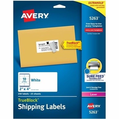 Avery&amp;reg; TrueBlock&amp;reg; Shipping Labels, Sure Feed&amp;reg; Technology, Permanent Adhesive, 2" x 4" , 250 Labels (5263) - Avery&amp;reg; Shipping Labels, Sure Feed&amp;reg;, 2" x 4" , 250 Labels (5263)