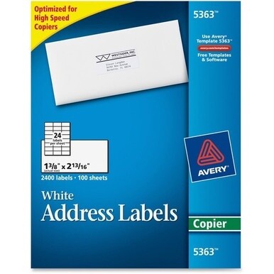 Avery&amp;reg; Copier Address Labels - 1 3/8&quot; Width x 2 13/16&quot; Length - Permanent Adhesive - Rectangle - White - Paper - 24 / Sheet - 100 Total Sheets - 2400 Total Label(s) - 2400 / Box