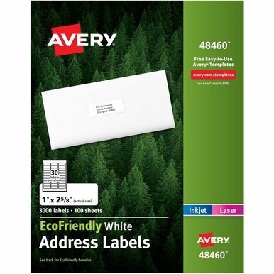 Avery&amp;reg; EcoFriendly Address Labels - 1" Width x 2 5/8" Length - Permanent Adhesive - Rectangle - Laser, Inkjet - White - Paper - 30 / Sheet - 100 Total Sheets - 3000 Total Label(s) - 3000 / Box