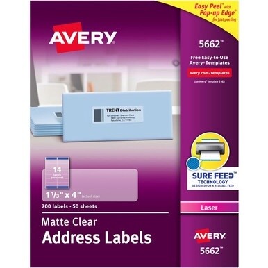 Avery&amp;reg; Easy Peel Return Address Labels - 1 21/64&quot; Width x 4&quot; Length - Permanent Adhesive - Rectangle - Laser - Clear - Film - 14 / Sheet - 50 Total Sheets - 700 Total Label(s) - 700 / Box