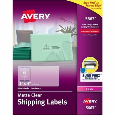 Avery&amp;reg; Matte Clear Shipping Labels, Sure Feed&amp;reg; Technology, Laser, 2&quot; x 4&quot; , 500 Labels (5663) - Avery&amp;reg; Clear Shipping Labels, Sure Feed, 2&quot; x 4&quot; , 500 Labels (5663)