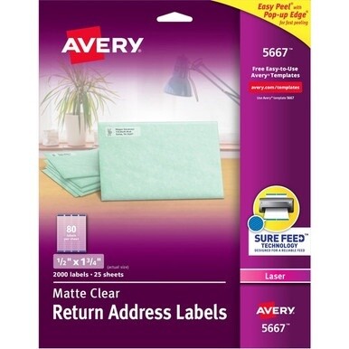 Avery&amp;reg; Easy Peel Return Address Labels - 1/2&quot; Width x 1 3/4&quot; Length - Permanent Adhesive - Rectangle - Laser - Clear - Film - 80 / Sheet - 25 Total Sheets - 2000 Total Label(s) - 2000 / Box