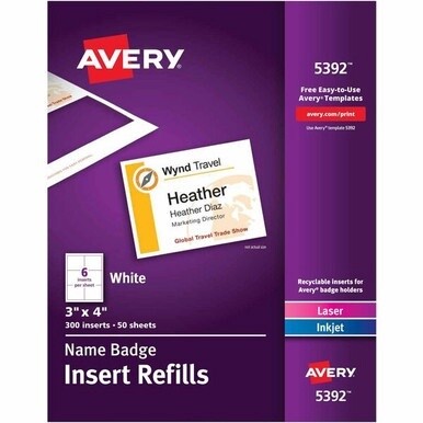 GSA MAS Avery&amp;reg; Laser/Inkjet Badge Insert Refills - Laser, Inkjet - White - Card Stock - 6 / Sheet - 300 Total Label(s) - 300 / Box