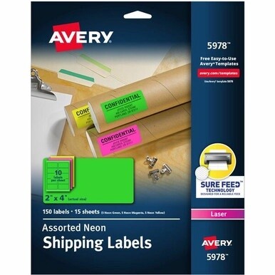 Avery&amp;reg; Neon Shipping Labels with Sure Feed&amp;reg; for Laser Printers, 2&quot;x4&quot; , Assorted Colors, 150 Labels (5978) - Avery&amp;reg; 2&quot;x4&quot; Neon Shipping Labels, Sure Feed, 150 Labels (5978)