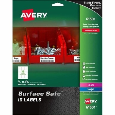 Avery&amp;reg; Surface Safe ID Label - 7/8&quot; Width x 2 5/8&quot; Length - Removable Adhesive - Rectangle - Laser, Inkjet - White - Film - 33 / Sheet - 25 Total Sheets - 825 Total Label(s) - 5 - Water Resistant