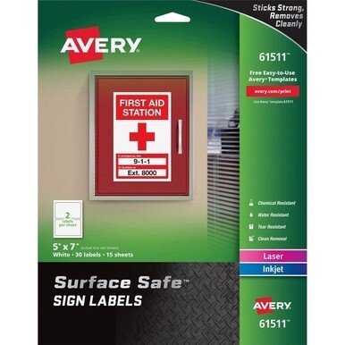 Avery&amp;reg; 5&quot;x7&quot; Removable Label Safety Signs - 5&quot; Width x 7&quot; Length - Removable Adhesive - Rectangle - Laser, Inkjet - White - Film - 2 / Sheet - 15 Total Sheets - 30 Total Label(s) - 30 / Pack - Wat