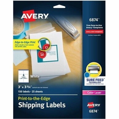 Avery&amp;reg; Shipping Labels with Sure Feed&amp;reg; for Color Laser Printers, Print-to-the-Edge, 3&quot; x 3-3/4&quot; , 150 White Labels (6874) - Avery&amp;reg; Shipping Labels, Sure Feed, 3&quot; x 3-3/4&quot; , 150 Labels (687