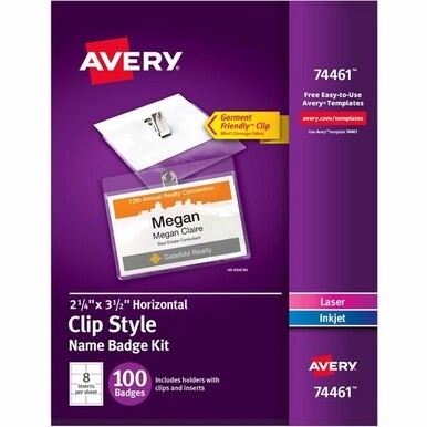 Avery&amp;reg; Clip-Style Name Badges - 3 1/2&quot; x 2 1/4&quot; - 100 / Box - Durable, Reusable, Printable - White