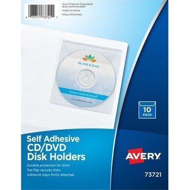 Avery&amp;reg; Vinyl Self-Adhesive Media/CD/DVD Pockets - 10 x CD/DVD Capacity - Top Loading - Clear - Vinyl - 10 / Pack
