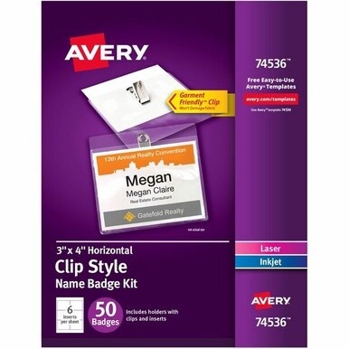 Avery&amp;reg; Top-Loading Clip-Style Name Badges - 3" x 4" - 50 / Pack - Flexible, Reusable, Durable - White