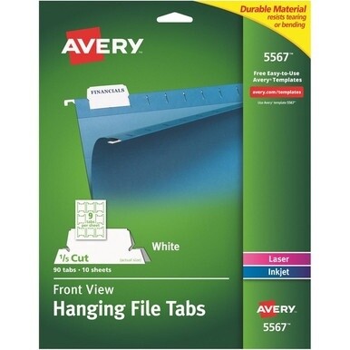Avery&amp;reg; Print/Write On Hanging File Tabs - 1/5 - Letter - 8.50&quot; Width x 11&quot; Length - Permanent - Matte White Film Tab(s) - 90 / Pack