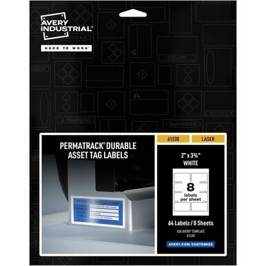 Avery&amp;reg; PermaTrack Durable White Asset Tag Labels, 2&quot; x 3-3/4&quot; , 64 Asset Tags - 2&quot; Width x 3 3/4&quot; Length - Permanent Adhesive - Rectangle - Laser - White - Film - 8 / Sheet - 8 Total Sheets - 64 T