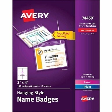 Avery&amp;reg; Hanging-Style Name Badges - 4&quot; x 3&quot; - 100 / Box - Printable, Durable, Micro Perforated, PVC-free - White