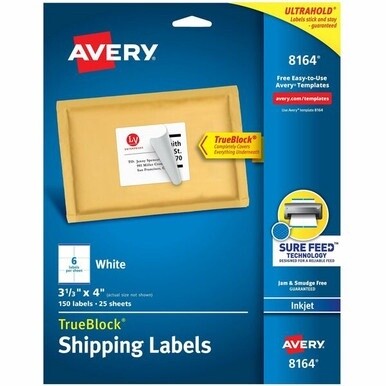 Avery&amp;reg; TrueBlock&amp;reg; Shipping Labels, Sure Feed&amp;reg; Technology, Permanent Adhesive, 3-1/3&quot; x 4&quot; , 150 Labels (8164) - Avery&amp;reg; Shipping Labels, Sure Feed, 3-1/3&quot; x 4&quot; , 150 White Labels (8164)