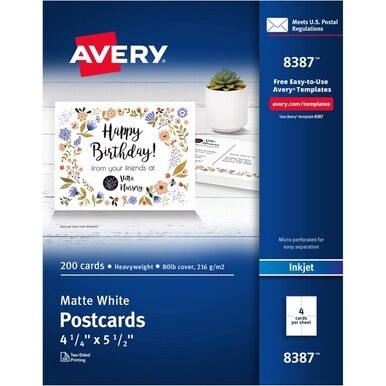 Avery&amp;reg; Postcards - 97 Brightness - 5 1/2&quot; x 4 1/4&quot; - Matte - 200 / Box - Perforated, Heavyweight, Rounded Corner, Smudge-free, Jam-free - White