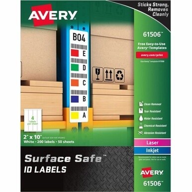 Avery&amp;reg; Surface Safe ID Label - 2" Width x 10" Length - Removable Adhesive - Rectangle - Laser, Inkjet - White - Film - 4 / Sheet - 50 Total Sheets - 200 Total Label(s) - 5 - Water Resistant