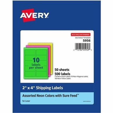 Avery&amp;reg; 2&quot;x 4&quot; Neon Shipping Labels with Sure Feed&amp;reg;for Laser Printers, Assorted: Green, Pink, Yellow Labels, 500 Neon Labels (5956) - Avery&amp;reg; 2&quot;x 4&quot; Neon Shipping Labels with Sure Feed, 500 
