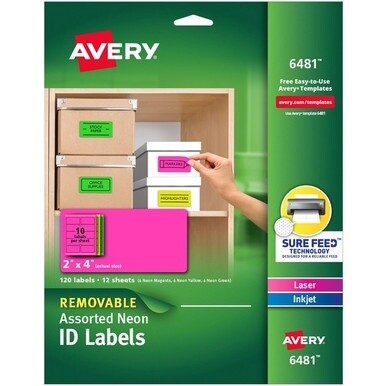 Avery&amp;reg; Multipurpose Oval Labels - 2&quot; Width x 4&quot; Length - Removable Adhesive - Rectangle - Laser, Inkjet - Neon Green, Neon Magenta, Neon Yellow - Paper - 10 / Sheet - 12 Total Sheets - 120 Total L