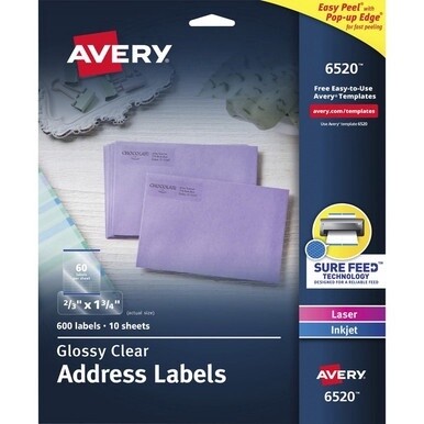 Avery&amp;reg; Easy Peel High Gloss Clear Mailing Labels - 21/32&quot; Width x 1 3/4&quot; Length - Permanent Adhesive - Rectangle - Laser, Inkjet - Clear - Film - 60 / Sheet - 10 Total Sheets - 600 Total Label(s) 