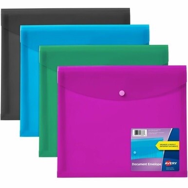 Avery&amp;reg; Letter, A4 Recycled Filing Envelope - 450 Sheet Capacity - Plastic, Polypropylene - Black, Aqua, Sage, Plum - 100% Recycled - 4 Pack