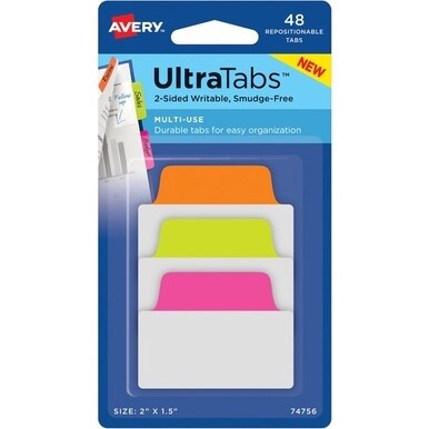 Avery&amp;reg; 2" Multi-use Ultra Tabs - 48 Tab(s) - 1.50" Tab Height x 2" Tab Width - Clear Film, Neon Pink Paper, Neon Green, Neon Orange Tab(s) - 48 / Pack