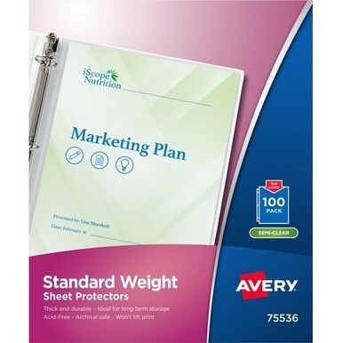 Avery&amp;reg; Standard Weight Sheet Protectors - Sheet Capacity - For Letter 8 1/2&quot; x 11&quot; Sheet - Ring Binder - Top Loading - Clear - Polypropylene - 100 / Box