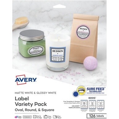 Avery&amp;reg; Sure Feed Label Variety Pack - Permanent Adhesive - Assorted, Round, Oval, Square - Laser, Inkjet - White - Paper - 14 / Sheet - 48 Total Sheets - 630 Total Label(s) - 5 / Carton