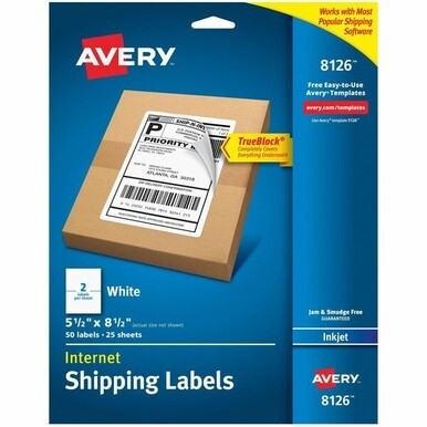 Avery&amp;reg; Shipping Address Labels, Inkjet Printers, 50 Labels, Half Sheet Labels, Permanent Adhesive, TrueBlock&amp;reg; (8126) - Avery TrueBlock Shipping Labels, 5-1/2&quot; x 8-1/2&quot; , 50 Labels (8126)