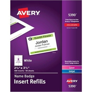 GSA MAS Avery&amp;reg; Laser/Inkjet Badge Insert Refills - Laser, Inkjet - White - Card Stock - 8 / Sheet - 400 Total Label(s) - 400 / Box