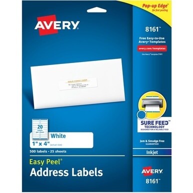 Avery&amp;reg; Easy Peel White Inkjet Mailing Labels - 1&quot; Width x 4&quot; Length - Permanent Adhesive - Rectangle - Inkjet - White - Paper - 20 / Sheet - 25 Total Sheets - 500 Total Label(s) - 500 / Pack