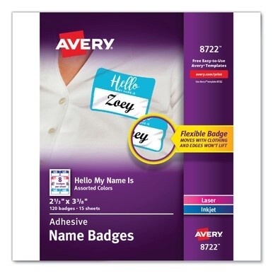 Flexible Adhesive Name Badge Labels, &quot;Hello&quot;, 3 3/8 x 2 1/3, Assorted, 120/PK