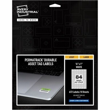 Avery&amp;reg; PermaTrack Durable White Asset Tag Labels, 1/2&quot; x 1&quot; , 672 Asset Tags - 1/2&quot; Width x 1&quot; Length - Permanent Adhesive - Rectangle - Laser - White - Film - 84 / Sheet - 8 Total Sheets - 672 To