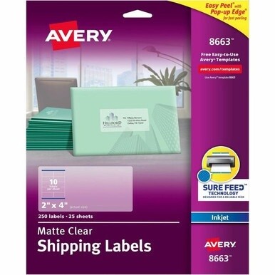 Avery&amp;reg; Matte Clear Shipping Labels, Sure Feed&amp;reg; Technology, Inkjet, 2&quot; x 4&quot; , 250 Labels (8663) - Avery&amp;reg; Clear Shipping Labels, Sure Feed, 2&quot; x 4&quot; , 250 Labels (8663)