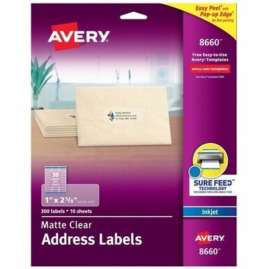 Avery&amp;reg; Easy Peel Inkjet Printer Mailing Labels - 1&quot; Width x 2 5/8&quot; Length - Permanent Adhesive - Rectangle - Inkjet - Clear - Film - 30 / Sheet - 25 Total Sheets - 750 Total Label(s) - 750 / Pack